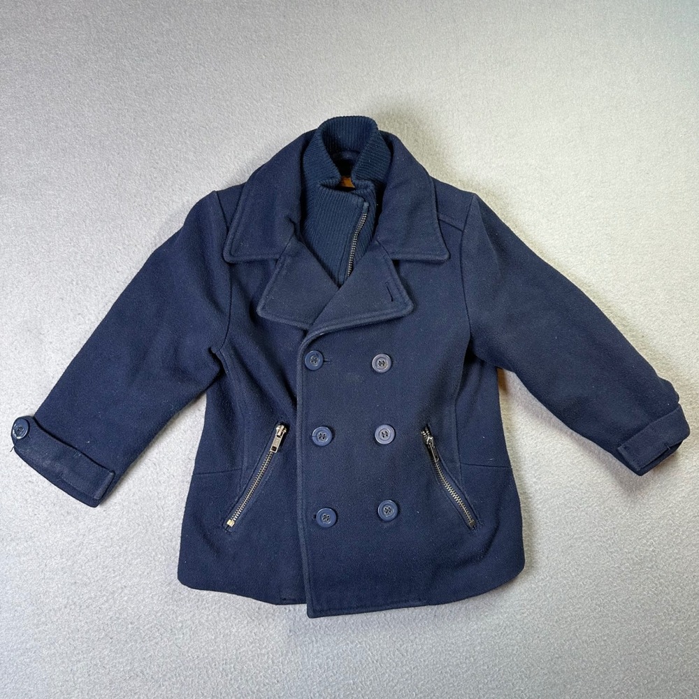 H&M Kids Wool Blend Pea Coat Navy Blue Double Breasted Zip Collar 2-3Y Preppy